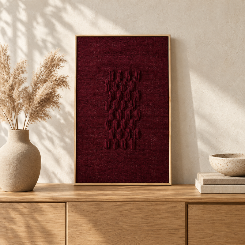 Framed II Wine burgundy handwoven wool tapestry standing on an oak sideboard in a warm Japandi interior, Lale Studio Shop