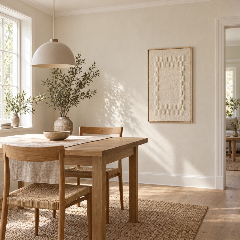 Framed III geometric handwoven wool tapestry 60x100 cm in a dining area with an oak table, Lale Studio Shop