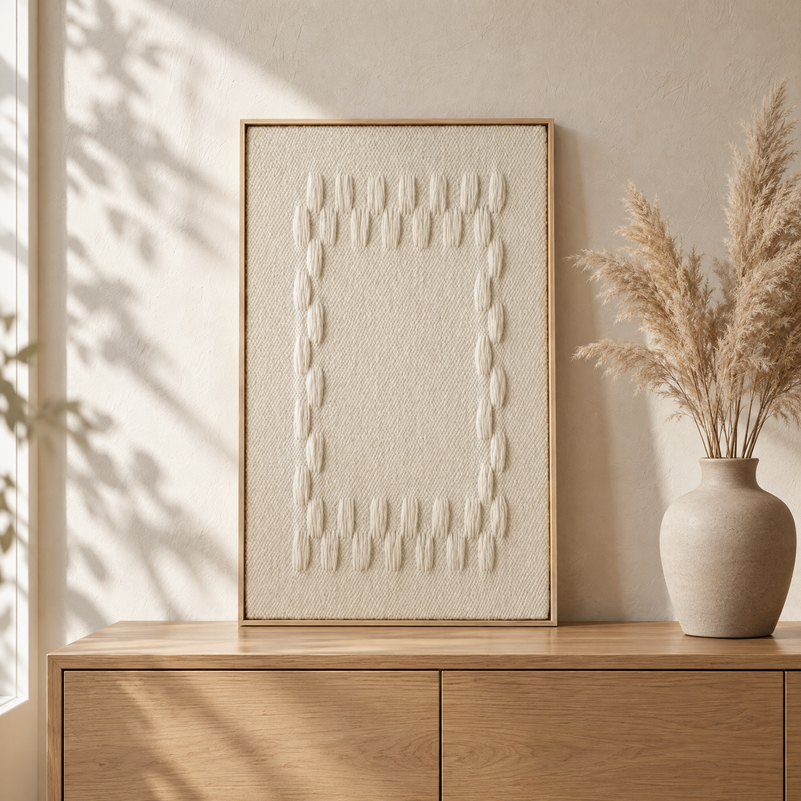 Framed III geometric handwoven wool tapestry standing on an oak sideboard in a warm Japandi interior, Lale Studio Shop