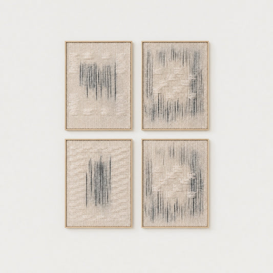 Framed Set, four handwoven two-ply wool tapestries from the Misty weave in slim natural wood frames arranged as a 2x2 gallery set, framed textile wall art by Lale Studio & Shop