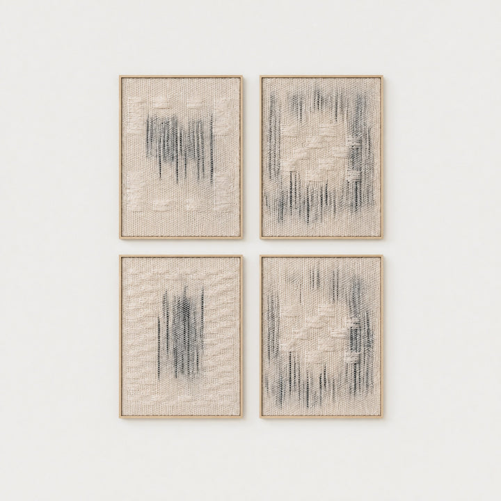 Framed Set, four handwoven two-ply wool tapestries from the Misty weave in slim natural wood frames arranged as a 2x2 gallery set, framed textile wall art by Lale Studio & Shop