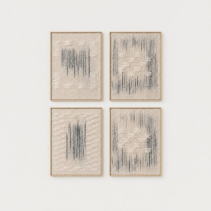 Framed Set, four handwoven two-ply wool tapestries from the Misty weave in slim natural wood frames arranged as a 2x2 gallery set, framed textile wall art by Lale Studio & Shop