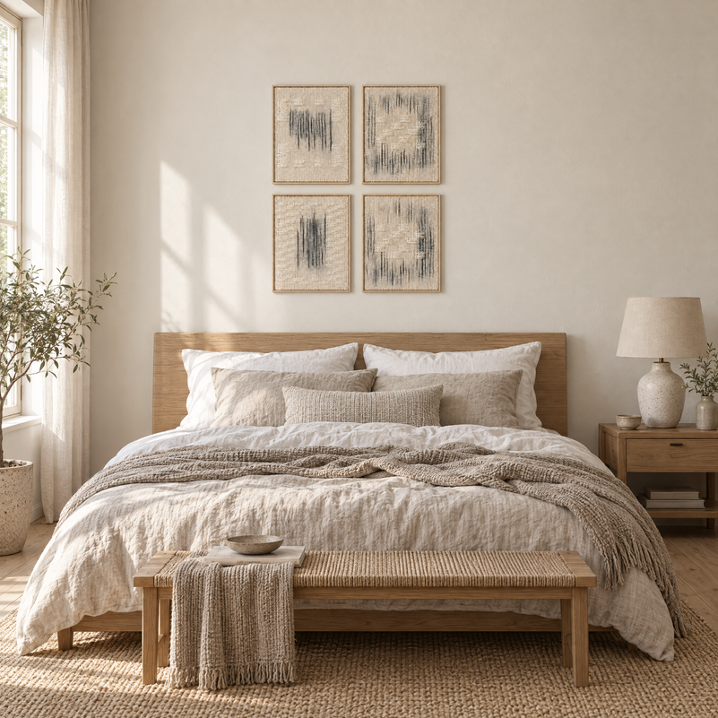 Framed Set Mini four handwoven wool tapestries 30x40 cm above a bed in a bedroom, Lale Studio Shop