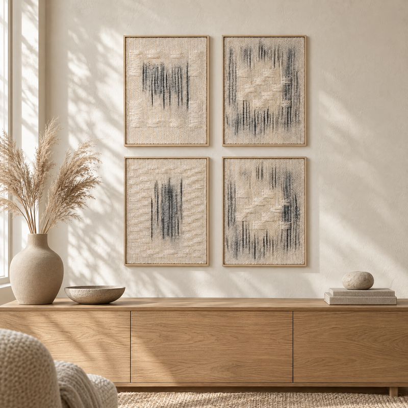 Framed Set of four handwoven wool tapestries above an oak sideboard in a warm Japandi interior, Lale Studio Shop