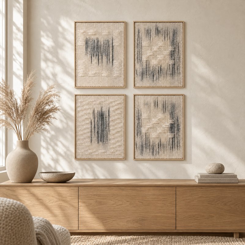 Framed Set of four handwoven wool tapestries above an oak sideboard in a warm Japandi interior, Lale Studio Shop