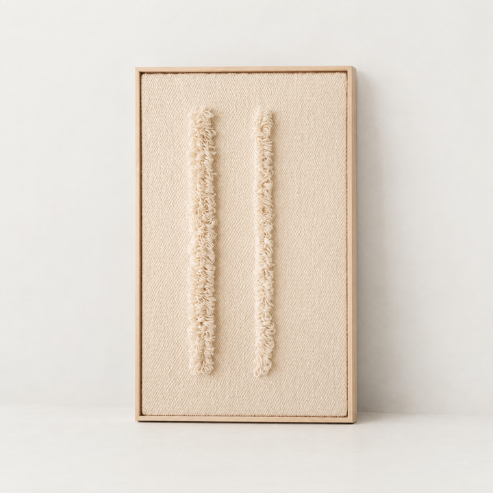 Framed VI handwoven two-ply wool tapestry with cream woven loops in a slim pine frame, Lale Studio & Shop