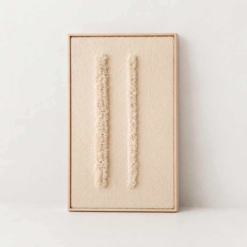 Framed VI handwoven two-ply wool tapestry with cream woven loops in a slim pine frame, Lale Studio & Shop