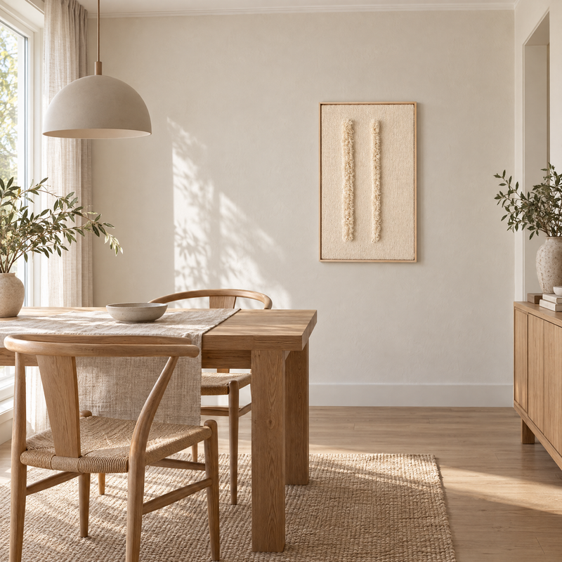 Framed VI handwoven wool tapestry 60 x 100 cm in a dining room with an oak table, Lale Studio Shop