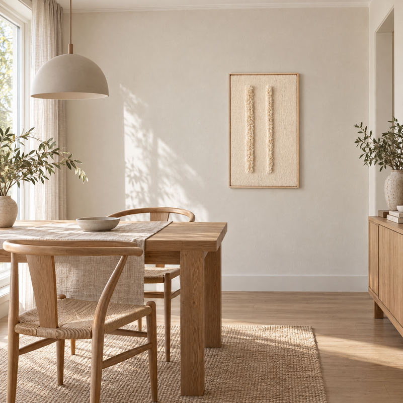 Framed VI handwoven wool tapestry 60 x 100 cm in a dining room with an oak table, Lale Studio Shop