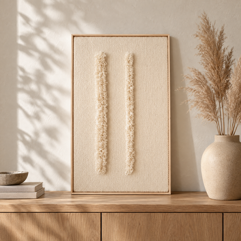 Framed VI handwoven wool tapestry standing on an oak sideboard in a warm Japandi interior, Lale Studio Shop