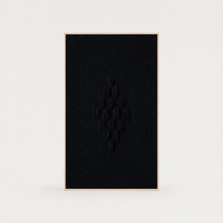 Framed VII Black handwoven two-ply wool tapestry with a raised structured deep black weave in a slim pine frame, framed textile wall art by Lale Studio & Shop