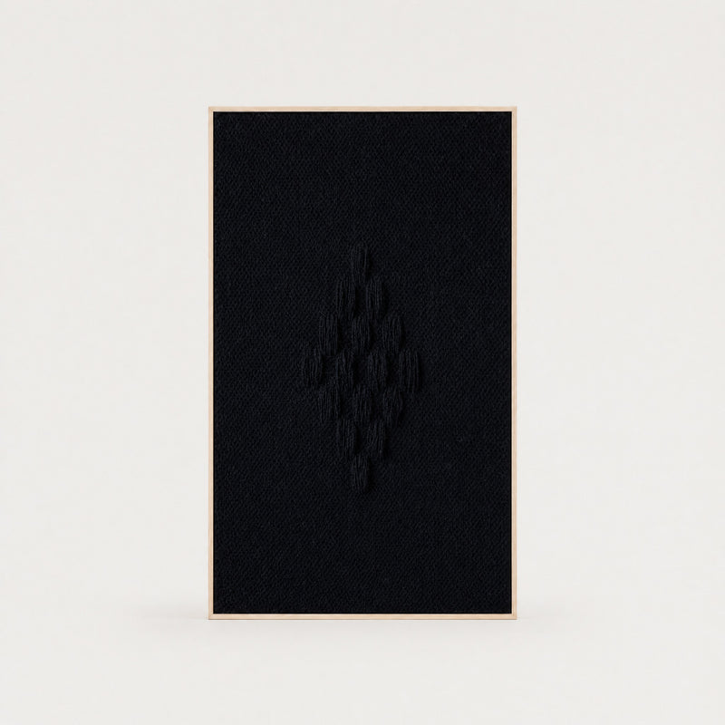 Framed VII Black handwoven two-ply wool tapestry with a raised structured deep black weave in a slim pine frame, framed textile wall art by Lale Studio & Shop