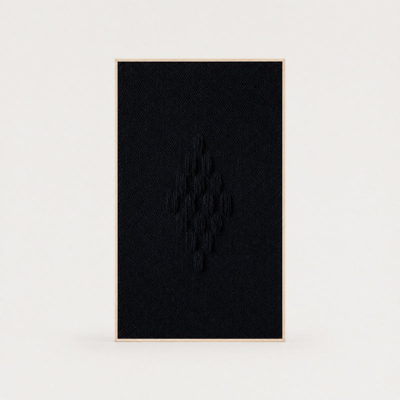 Framed VII Black handwoven two-ply wool tapestry with a raised structured deep black weave in a slim pine frame, framed textile wall art by Lale Studio & Shop