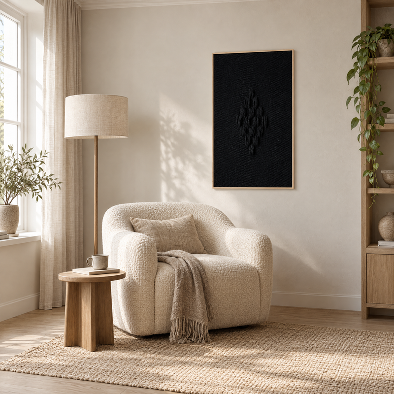 Framed VII Black handwoven wool tapestry 60x100 cm in a reading corner above a boucle armchair, Lale Studio Shop