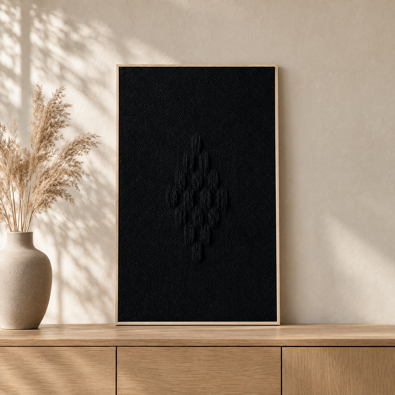 Framed VII Black handwoven wool tapestry standing on an oak sideboard in a warm Japandi interior, Lale Studio Shop