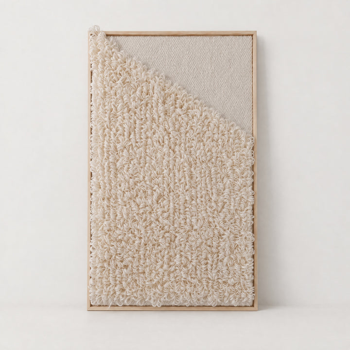 Framed 5 handwoven cream wool wall piece with a diagonal field of open loops and a slim natural pine frame, full catalogue view, Lale Studio & Shop