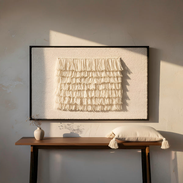 FruFru oak/pine wood-framed wool wall hanging in a styled interior