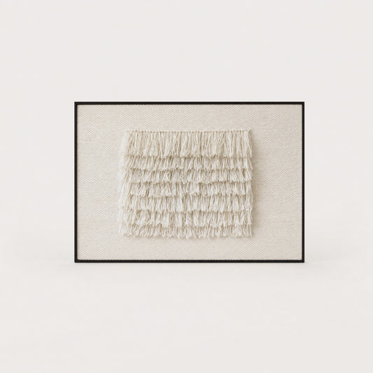 FruFru handwoven wool tapestry in raw white with rows of fluffy fringe on a cream ground in a slim dark walnut frame, framed textile wall art by Lale Studio & Shop