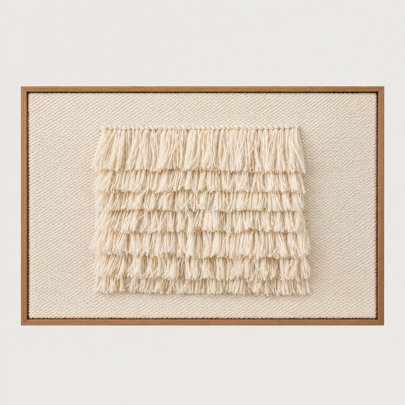 FruFru handwoven wool tapestry in warm natural ivory with shaggy fringe rows in a solid pine frame, Lale Studio & Shop