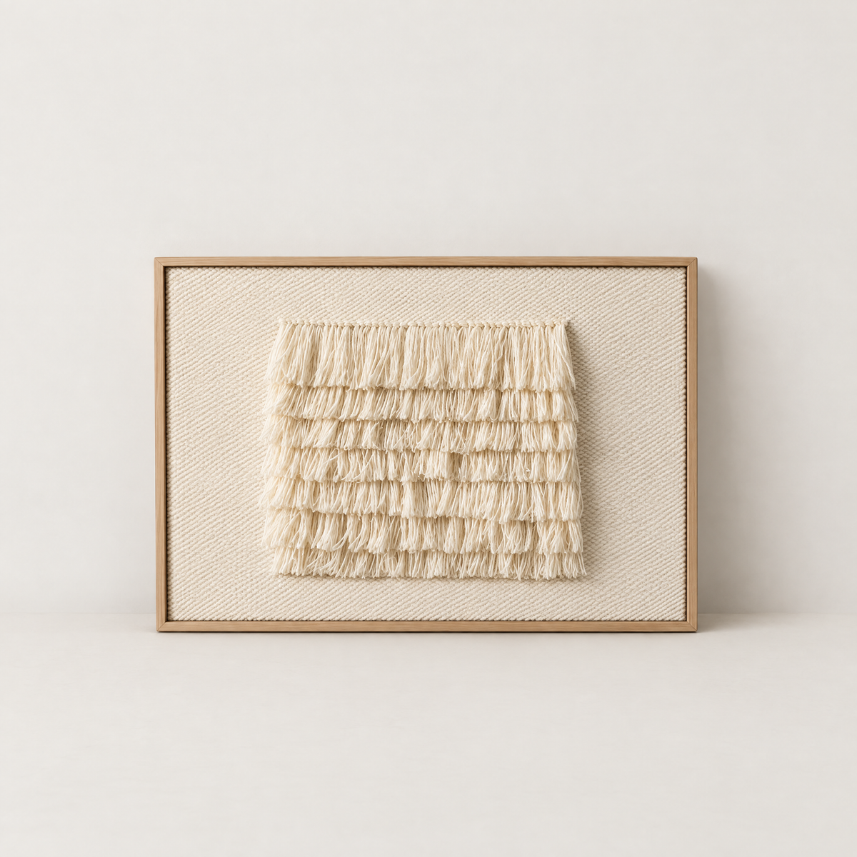 FruFru warm ivory framed handwoven wool tapestry with fringe relief in pine frame, standing packshot, Lale Studio Shop