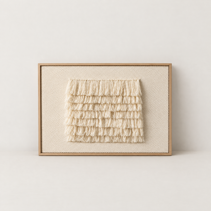 FruFru warm ivory framed handwoven wool tapestry with fringe relief in pine frame, standing packshot, Lale Studio Shop