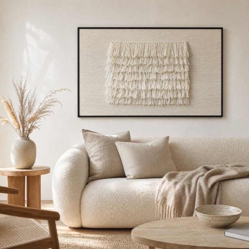 FruFru handwoven two-ply wool tapestry with fluffy fringe in a slim dark walnut frame, styled above a cream sofa in a Scandinavian living room, Lale Studio & Shop