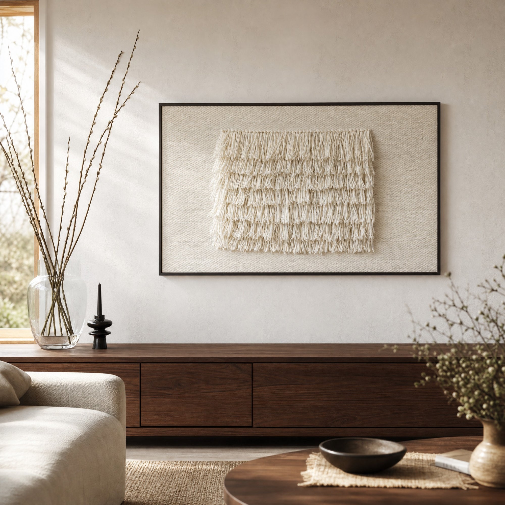 FruFru handwoven two-ply wool tapestry with fluffy fringe in a slim dark walnut frame, styled above a walnut sideboard in a bright modern living room, Lale Studio & Shop
