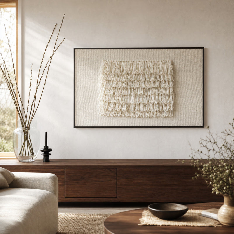 FruFru handwoven two-ply wool tapestry with fluffy fringe in a slim dark walnut frame, styled above a walnut sideboard in a bright modern living room, Lale Studio & Shop