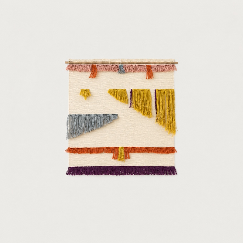 Gelo handwoven wool wall hanging, raw white with mustard, orange and purple fringes on bamboo rod, packshot, Lale Studio & Shop