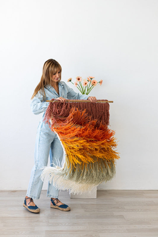 Gerbena handwoven multicolor ombre shaggy wool wall hanging, full view of the terracotta-to-sage gradient on a bamboo rod — Lale Studio & Shop