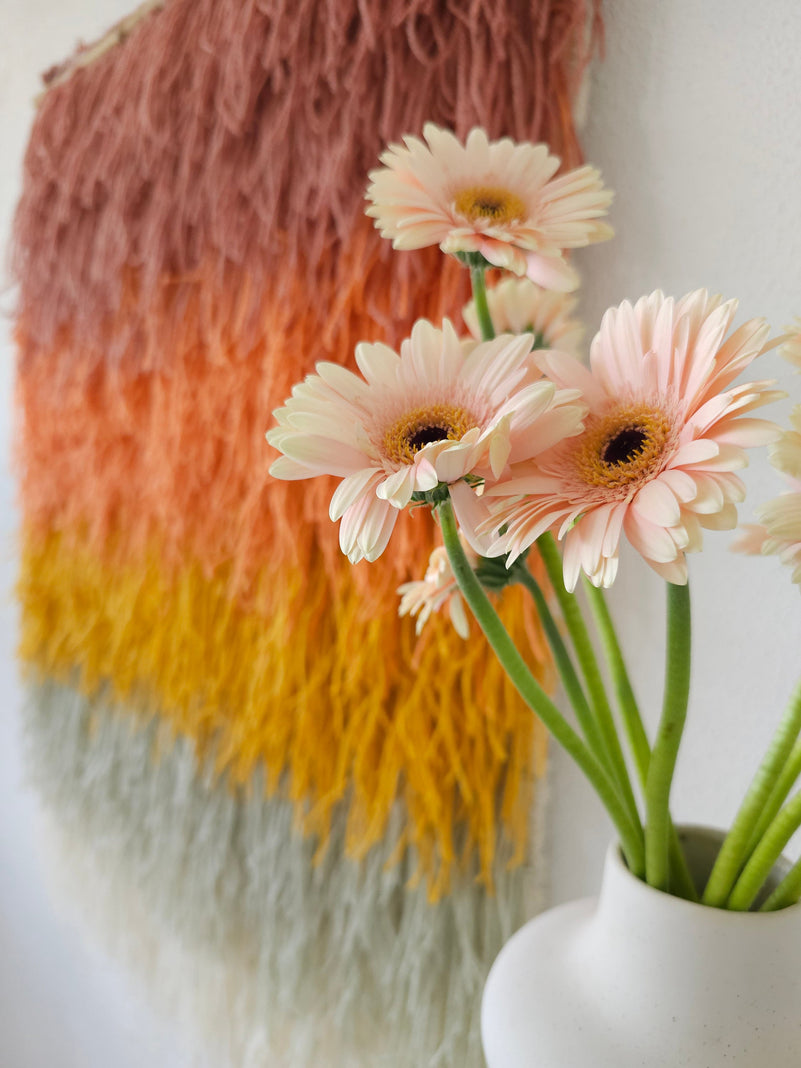 Gerbena handwoven shaggy wool wall hanging, artistic close-up of colour and texture — Lale Studio & Shop