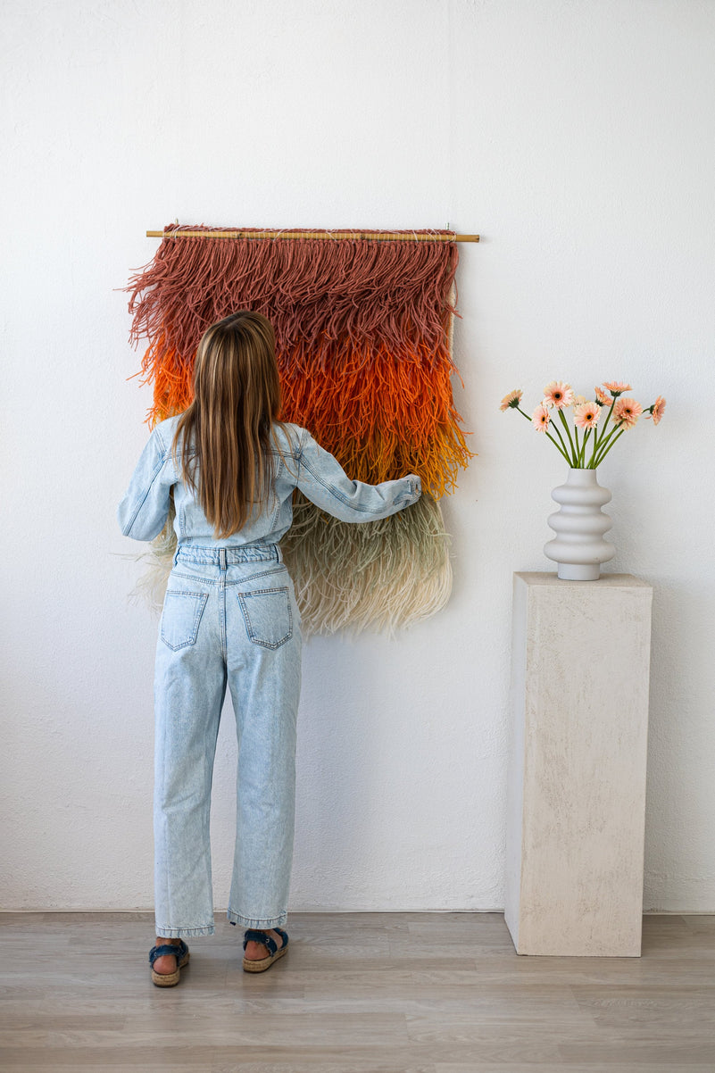 Gerbena multicolor ombre wall hanging, full length in a styled interior — statement fiber art by Lale Studio & Shop