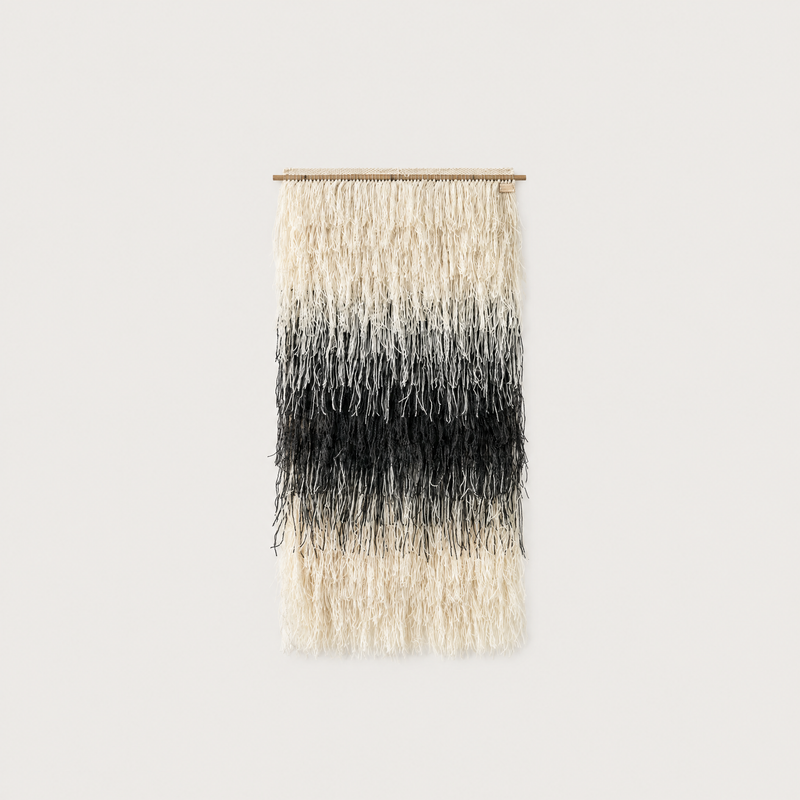 Gerhana shaggy handwoven wool wall hanging natural and black tapestry Lale Studio & Shop