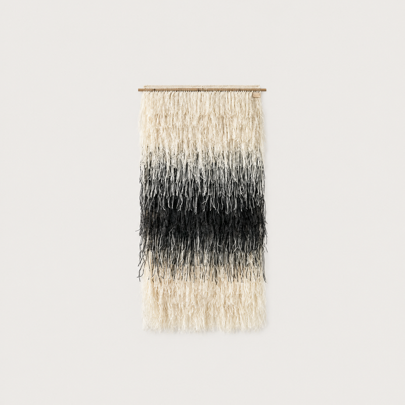 Gerhana shaggy handwoven wool wall hanging natural and black tapestry Lale Studio & Shop