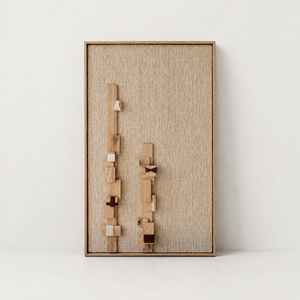 Grainline framed handwoven wool tapestry with vertical oak wood elements, standing packshot, Lale Studio Shop