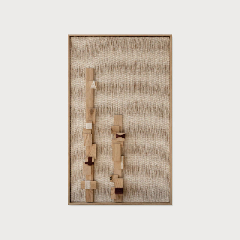 Grainline rhythmic handwoven two-ply wool tapestry with oak elements in a solid wooden frame by Lale Studio & Shop