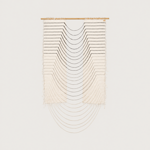 Gray Urania handwoven cotton rope wall hanging with cascading semi circles in natural cream and grey on a bamboo rod, Lale Studio & Shop
