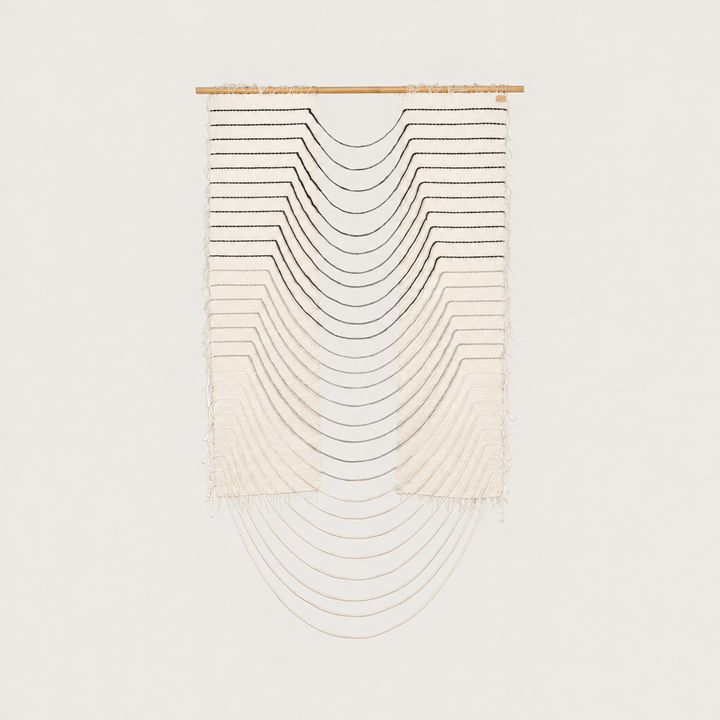 Gray Urania handwoven cotton rope wall hanging with cascading semi circles in natural cream and grey on a bamboo rod, Lale Studio & Shop