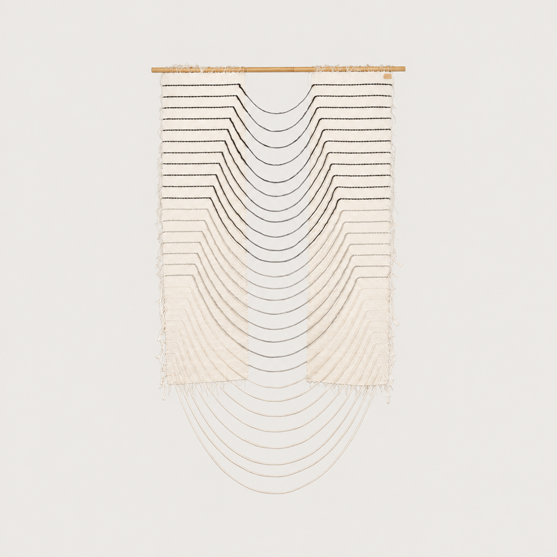 Gray Urania handwoven cotton rope wall hanging with cascading semi circles in natural cream and grey on a bamboo rod, Lale Studio & Shop