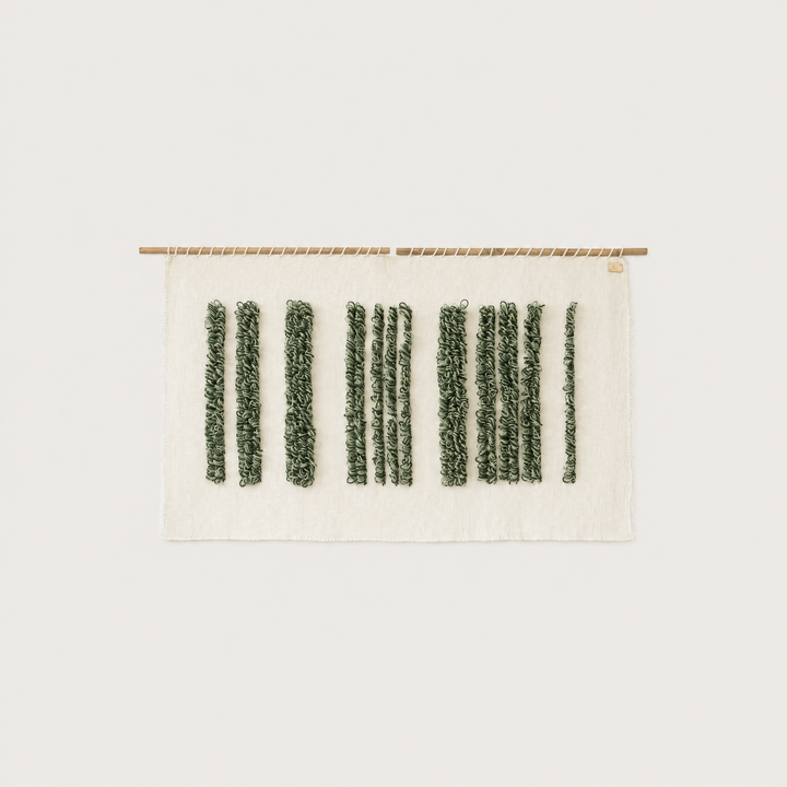 Green Luna handwoven wool wall hanging green striped tapestry Lale Studio & Shop