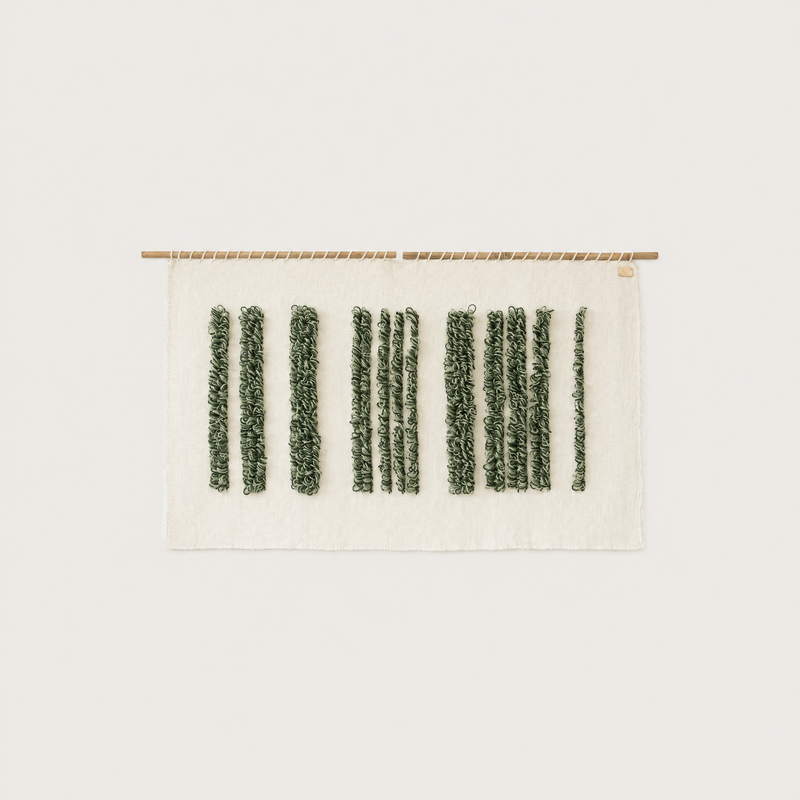 Green Luna handwoven wool wall hanging green striped tapestry Lale Studio & Shop