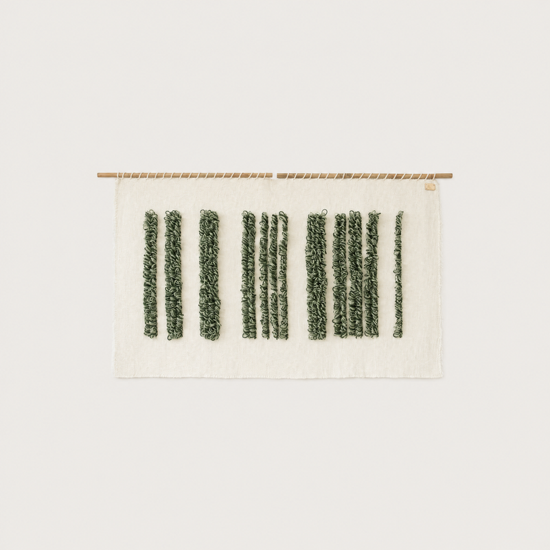 Green Luna handwoven wool wall hanging green striped tapestry Lale Studio & Shop