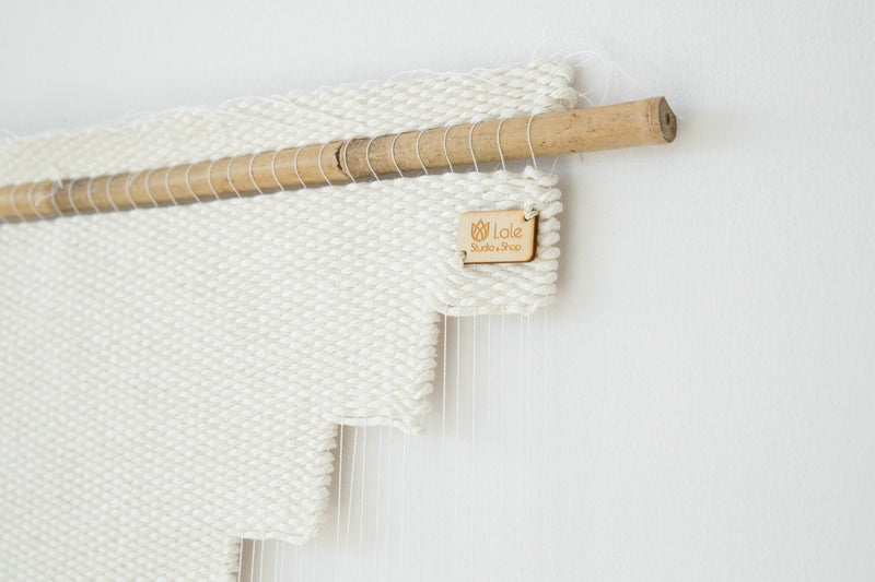 Detail of Hagdan's woven cotton rope and open stepped negative space — handmade wabi-sabi wall hanging by Lale Studio & Shop