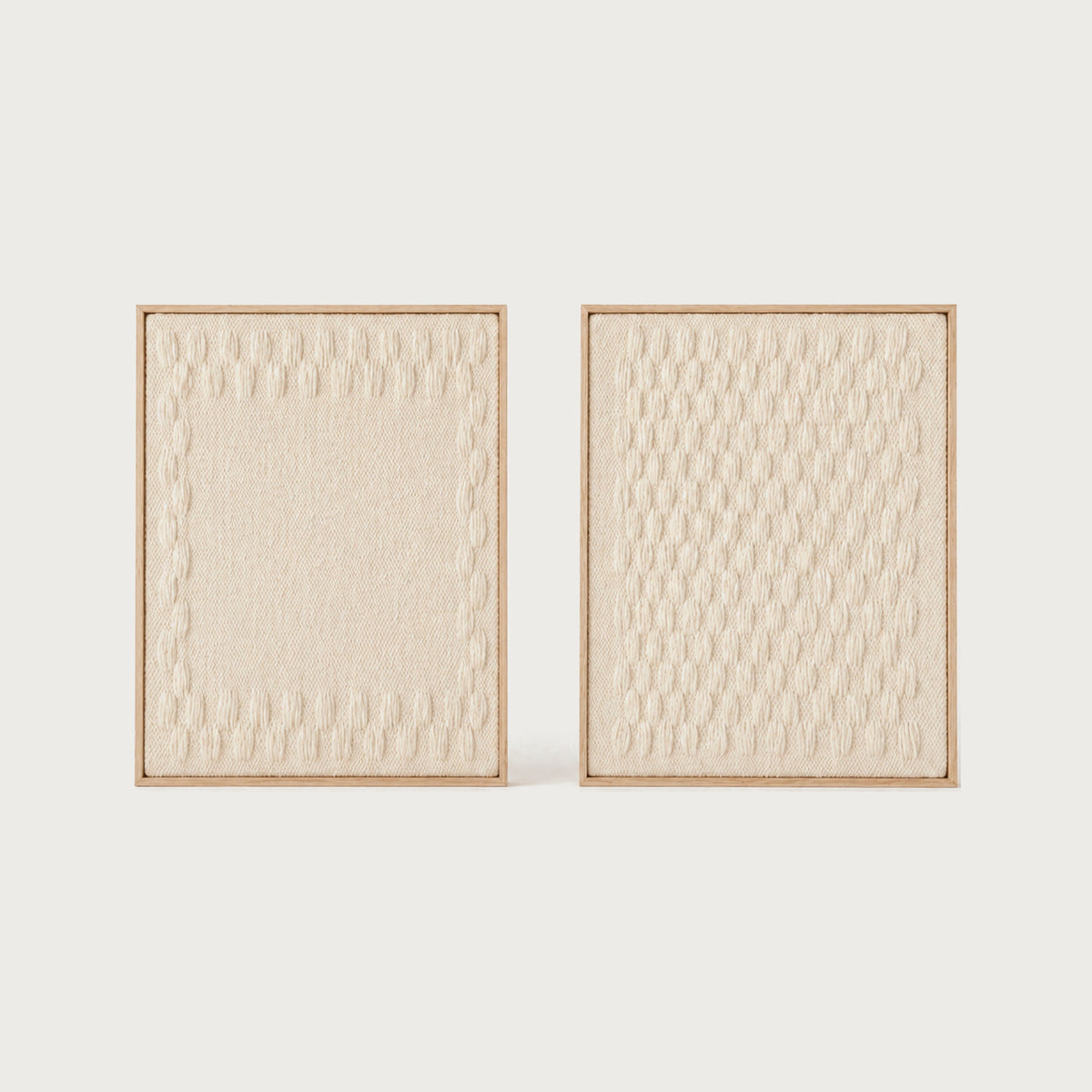 Harmony Frames set of two handwoven two-ply wool tapestries in cream and beige, individually framed, by Lale Studio & Shop