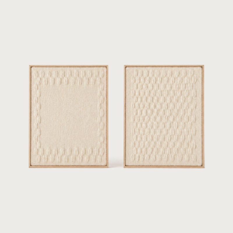 Harmony Frames set of two handwoven two-ply wool tapestries in cream and beige, individually framed, by Lale Studio & Shop