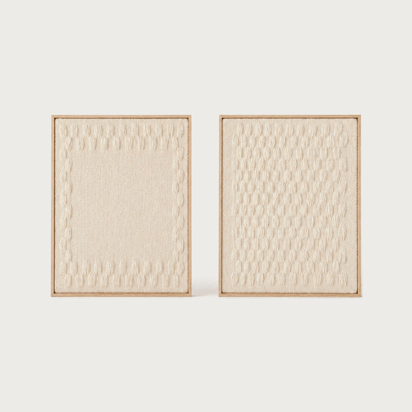 Harmony Frames set of two handwoven two-ply wool tapestries in cream and beige, individually framed, by Lale Studio & Shop