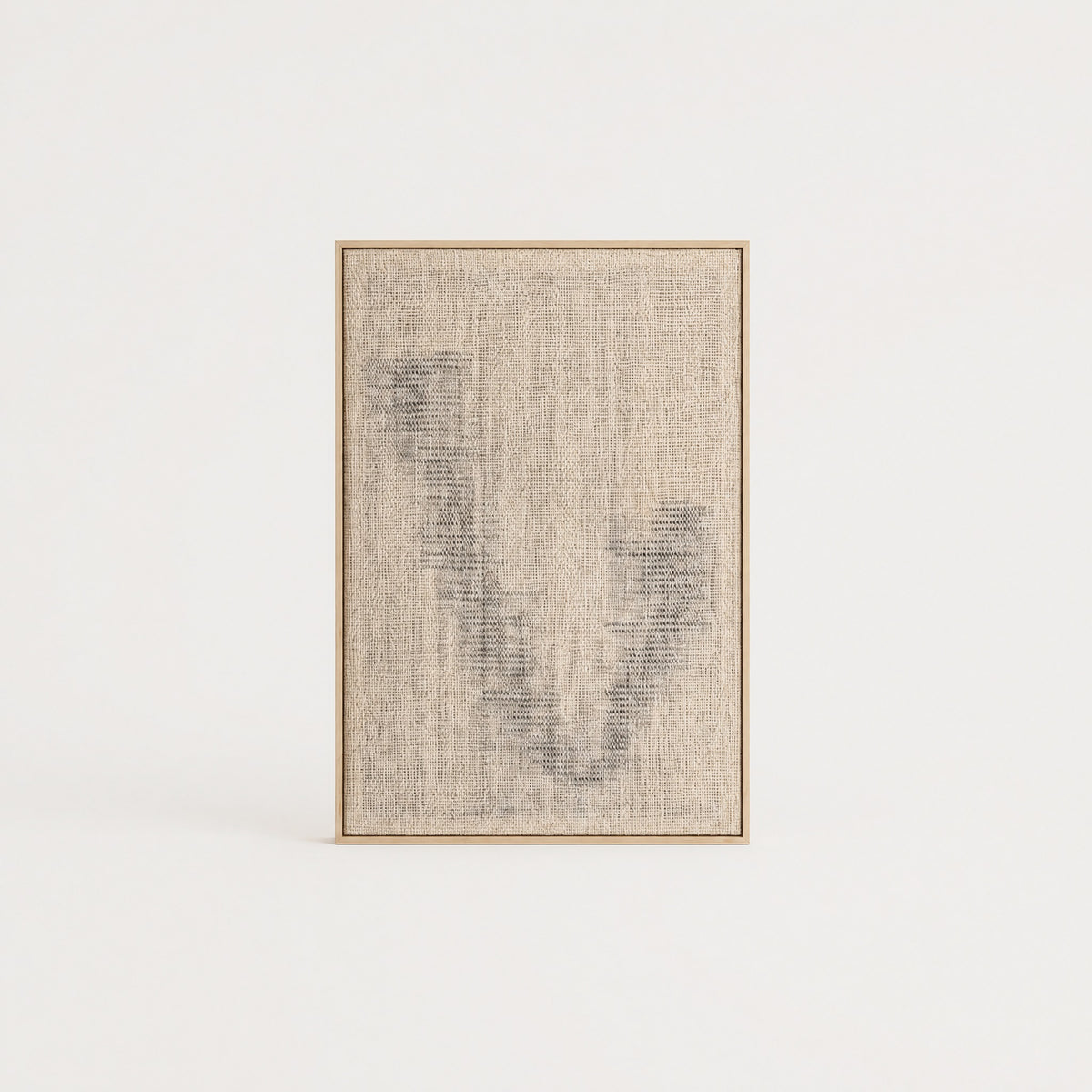 Huek extra-large handwoven wool tapestry in the Misty weave with a soft grey abstract pattern in a slim pine frame, framed textile wall art by Lale Studio & Shop