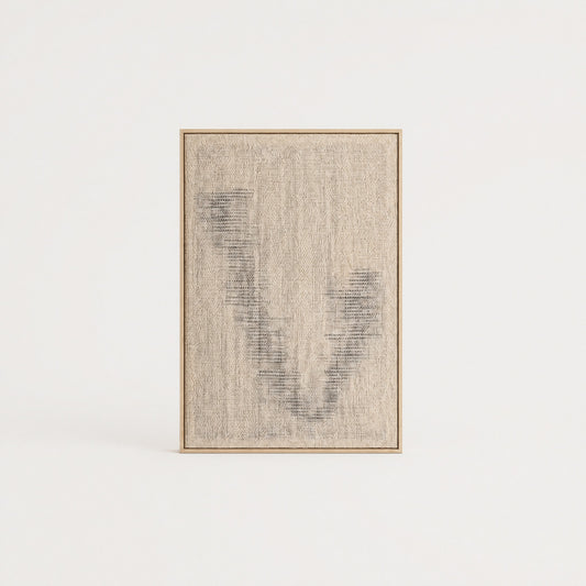 Huek extra-large handwoven wool tapestry in the Misty weave with a soft grey abstract pattern in a slim pine frame, framed textile wall art by Lale Studio & Shop