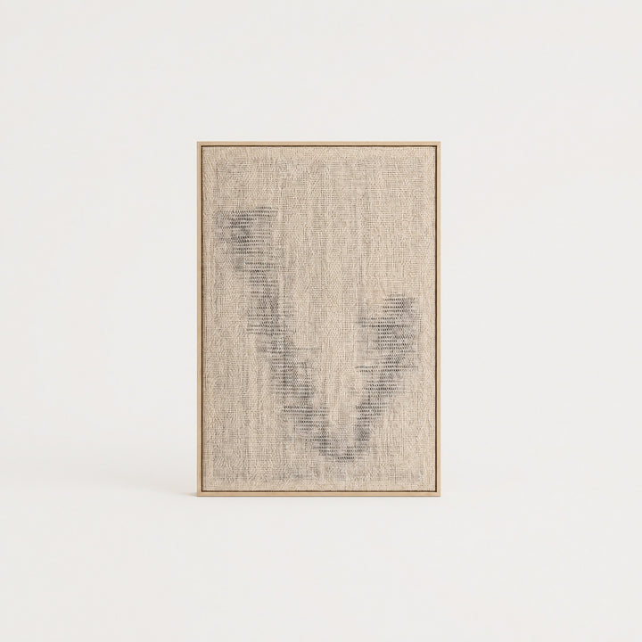 Huek extra-large handwoven wool tapestry in the Misty weave with a soft grey abstract pattern in a slim pine frame, framed textile wall art by Lale Studio & Shop