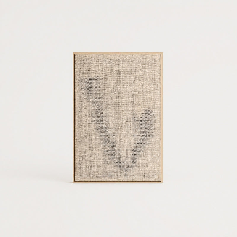 Huek extra-large handwoven wool tapestry in the Misty weave with a soft grey abstract pattern in a slim pine frame, framed textile wall art by Lale Studio & Shop
